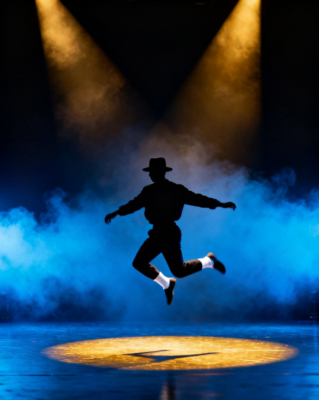 Silhouette dancer frozen mid-leap on stage