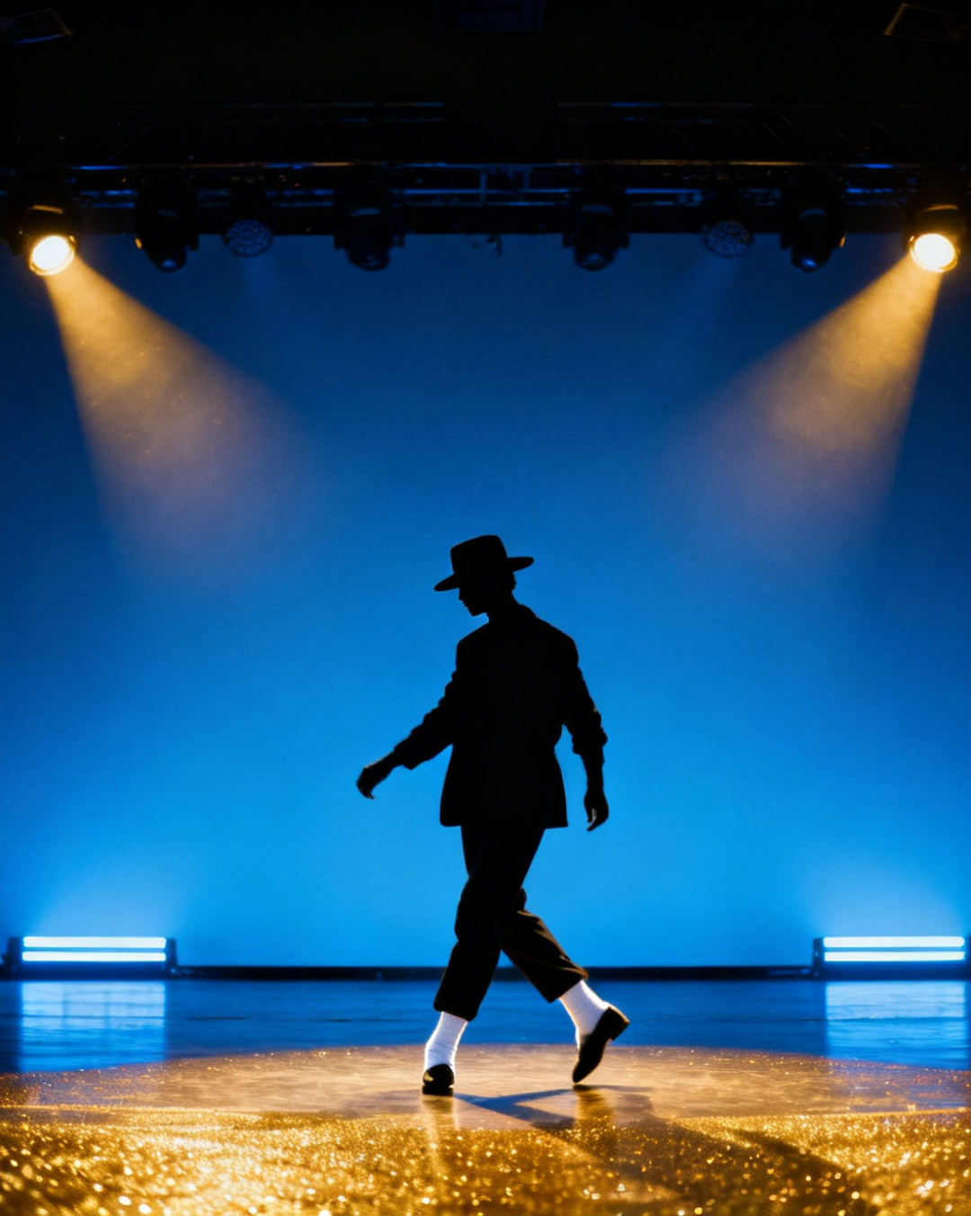Silhouette dancer in iconic moonwalk pose under blue and gold stage lights